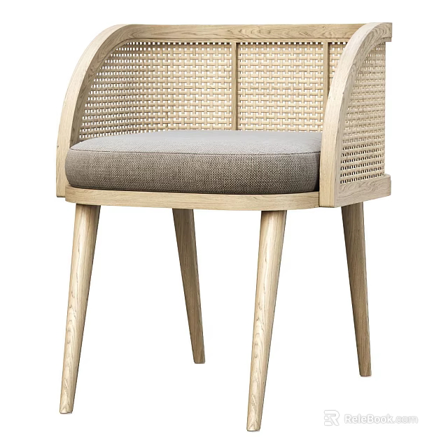 Modern Dining Chair With Rattan Woven Backrest And Gray Seat Cushion Wooden Legs 3d model 