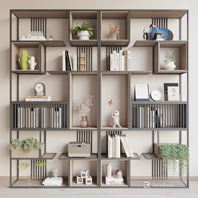 Modern Storage Shelving Unit With Books Potted Plants Decorative Items Clock Vintage Radio And Greenery 3d model 