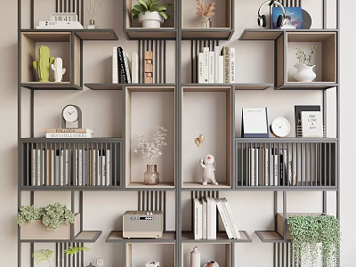 Modern Storage Shelving Unit With Books Potted Plants Decorative Items Clock Vintage Radio And Greenery 3d model