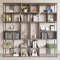 Modern Storage Shelving Unit With Books Potted Plants Decorative Items Clock Vintage Radio And Greenery
