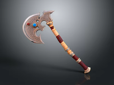 Decorative Axe With Intricate Metal Head Blue Red Gemstones And Wooden Handle 3d model