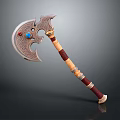Decorative Axe With Intricate Metal Head Blue Red Gemstones And Wooden Handle