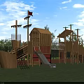 Garden Landscape With Wooden Pirate Ship Playground Slide Climbing Net And Red Flag
