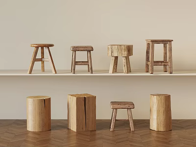 Wooden Stools In Various Designs Displayed On Shelf And Floor 3d model