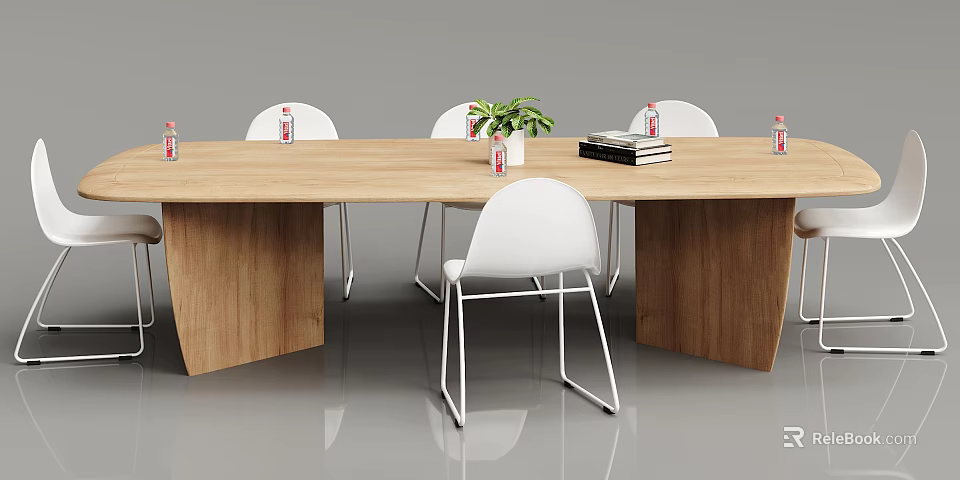 Modern Wooden Conference Table With White Chairs Potted Plant Soda Bottles And Books 3d model 