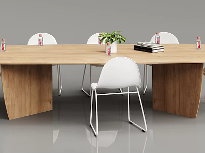 Modern Wooden Conference Table With White Chairs Potted Plant Soda Bottles And Books 3d model