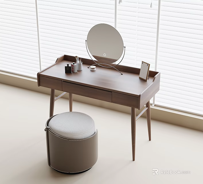 Modern Wooden Dressing Table With Round Mirror Stool And Cosmetics Near Blinds 3d model 