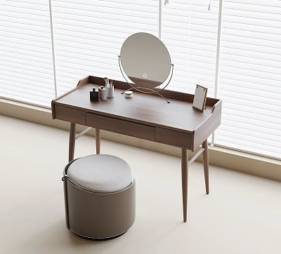 Modern Wooden Dressing Table With Round Mirror Stool And Cosmetics Near Blinds 3d model