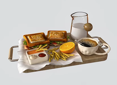 breakfast western food sandwich coffee milk fries 3d model