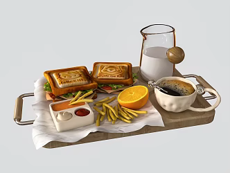 breakfast western food sandwich coffee milk fries 3d model