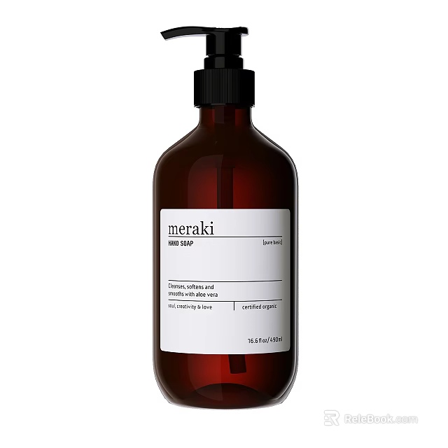 Meraki Cosmetic Liquid Soap In Brown Bottle With Coconut Oil Shea Butter Aloe Vera 3d model 