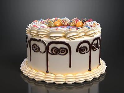 Delicious Round Cake With White Cream Fruit Topping Chocolate Swirls And Buttercream Border 3d model