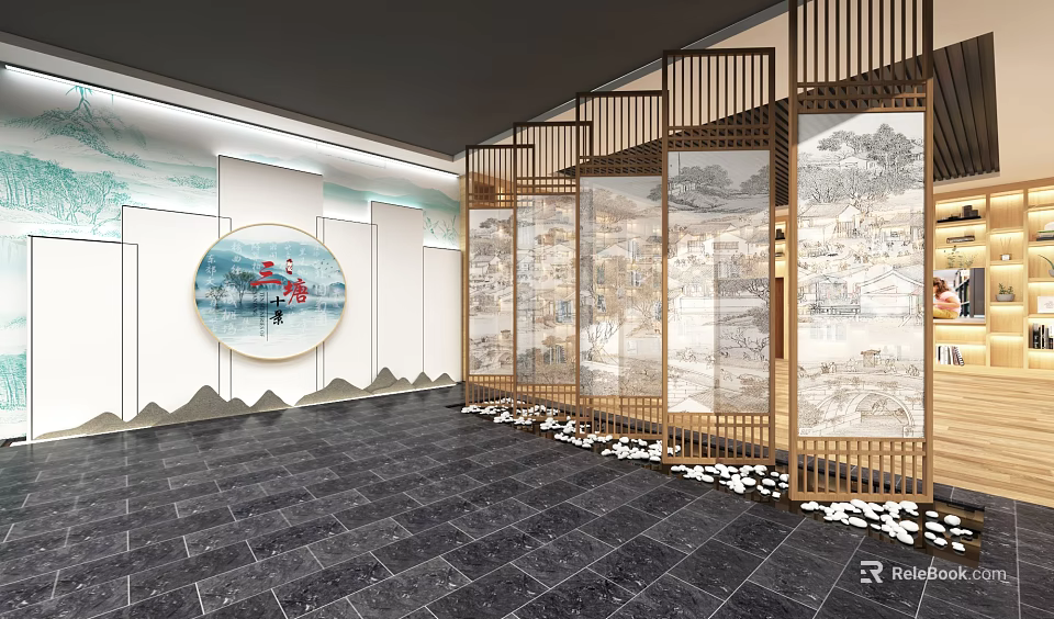 Traditional Chinese Exhibition Hall Interior With Wooden Screens Circular Landscape Art Dark Floor Tiles 3d model 