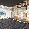 Traditional Chinese Exhibition Hall Interior With Wooden Screens Circular Landscape Art Dark Floor Tiles