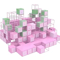 Modern Group Photo Check-in Spot With Pink Green Cubes And Metal Frames
