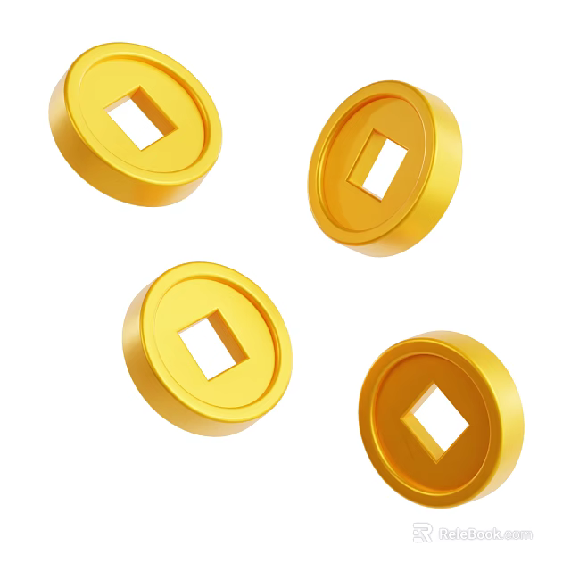 Shiny Golden Household Decorative Coins With Round Shape And Square Holes Design 3d model 