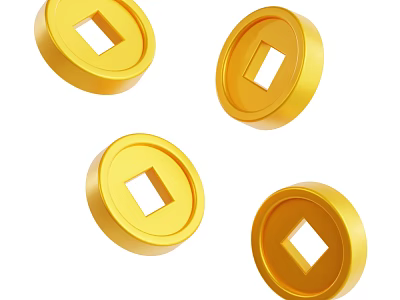 Shiny Golden Household Decorative Coins With Round Shape And Square Holes Design 3d model