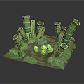 Green Bamboo Plants with Yellow Flowers and Lush Green Grass in