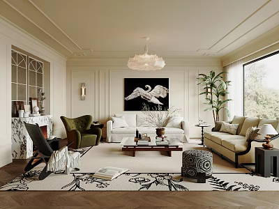 Elegant Living Room Interior With Chandelier Black Swan Painting Sofas And Marble Fireplace 3d model