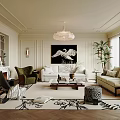 Elegant Living Room Interior With Chandelier Black Swan Painting Sofas And Marble Fireplace
