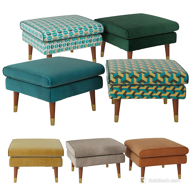 Assorted Colorful Ottoman Stools Featuring Geometric Patterns Polka Dots And Tapered Wooden Legs 3d model 