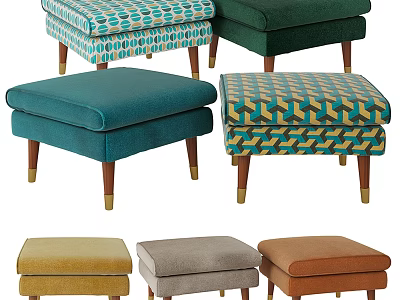 Assorted Colorful Ottoman Stools Featuring Geometric Patterns Polka Dots And Tapered Wooden Legs 3d model