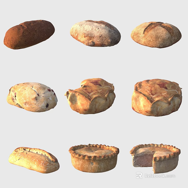 Assorted Freshly Baked Bread And Pies With Golden Crusts And Varied Shapes 3d model 