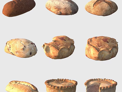 Assorted Freshly Baked Bread And Pies With Golden Crusts And Varied Shapes 3d model