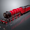 Vintage Steam Train Model Red And Black With Shiny Surface Multiple Wheels On Reflective Background