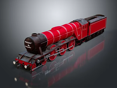 Vintage Steam Train Model Red And Black With Shiny Surface Multiple Wheels On Reflective Background 3d model