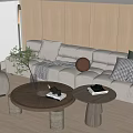 Modern Light Gray Sofa With Two Round Wooden Coffee Tables And Throw Pillows 3d model