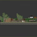 Cartoon Style Courtyard Scene With Green Fences Small Huts Red Gray Roofs Trees And Grassy Ground