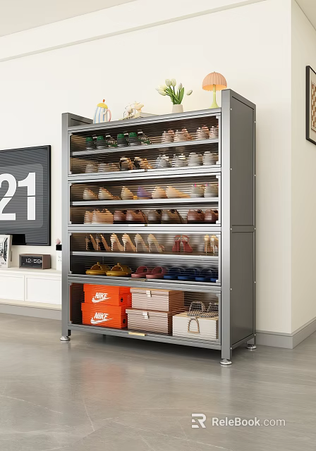 Multilayer Stainless Steel Shoe Cabinet With Clear Doors For Large Capacity Home Shoe Storage 3d model 