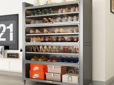 Multilayer Stainless Steel Shoe Cabinet With Clear Doors For Large Capacity Home Shoe Storage 3d model