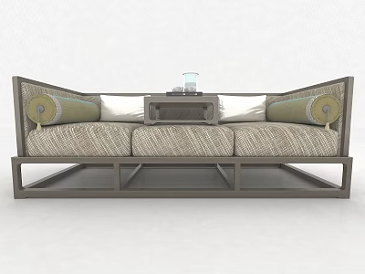 Modern Three Seater Sofa With Wooden Frame Neutral Upholstery And Green Cushions 3d model