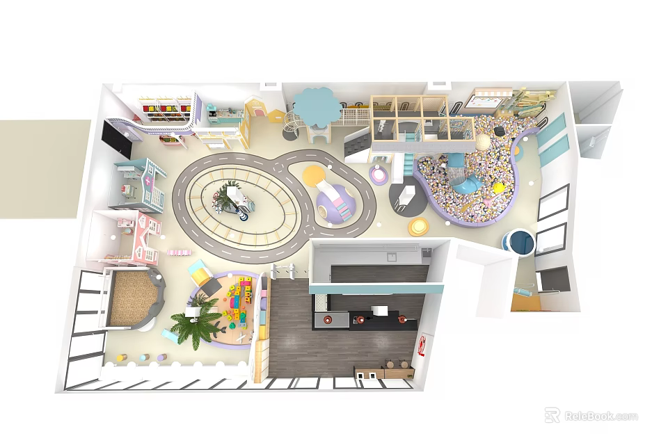 Colorful Indoor Playground Layout With Slides Swings Soft Mats And Toy Shelves 3d model 