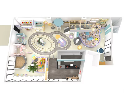 Colorful Indoor Playground Layout With Slides Swings Soft Mats And Toy Shelves 3d model
