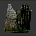 Ancient Stone Wall Ruins With Ivy Covered Archway And Green Grass On Gray Background