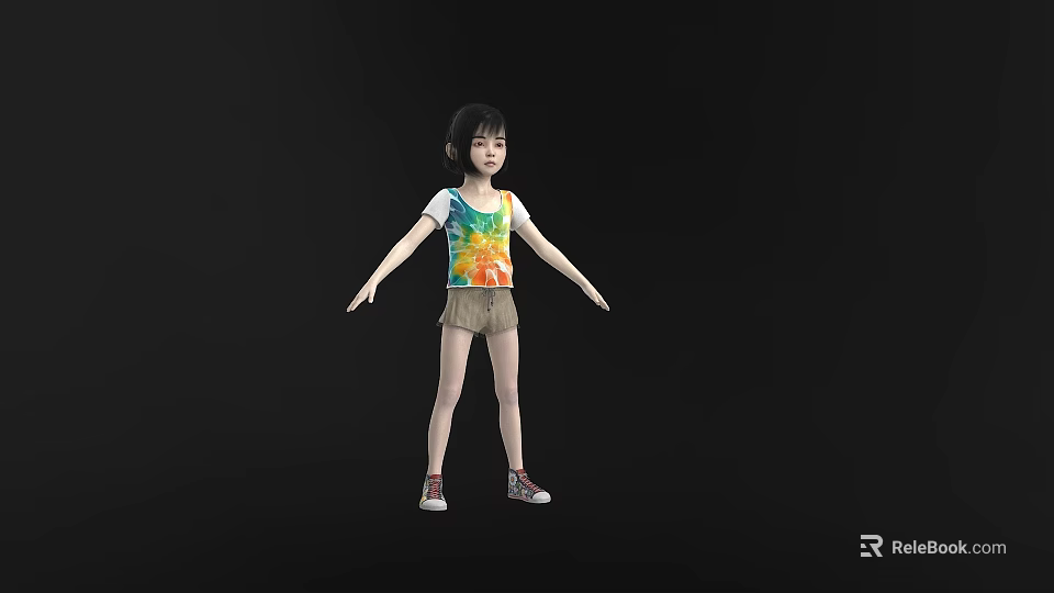 Woman Wearing Colorful T shirt Brown Shorts And Red Shoes With Arms Outstretched On Black Background 3d model 