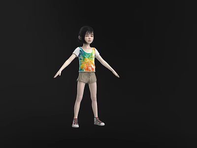 Woman Wearing Colorful T shirt Brown Shorts And Red Shoes With Arms Outstretched On Black Background 3d model