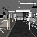 Modern Public Office Space With Open Layout White Chairs Desks Plants Glass Partitions Gray Carpet