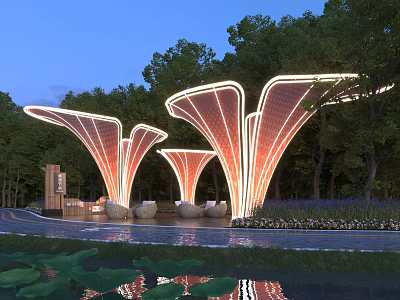 Illuminated Petal Shaped Pergola In Night Garden With Trees Water And Seats 3d model