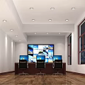 Modern Conference Room Interior With Large Table Multiple Chairs Ceiling Lights And Curtains 3d model