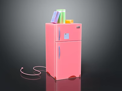 Stylish Pink Double Door Refrigerator With Colorful Books And Yellow Item On Top Design 3d model