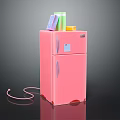 Stylish Pink Double Door Refrigerator With Colorful Books And Yellow Item On Top Design
