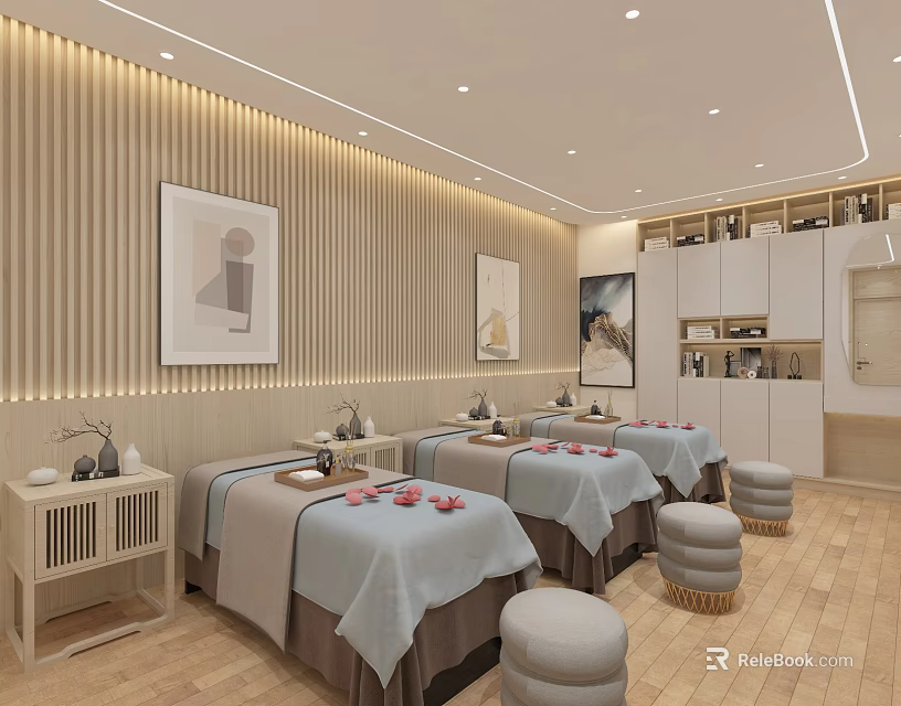 Serene SPA Sauna Interior With Blue Massage Beds Round Stools Wooden Walls And Decorative Paintings 3d model 