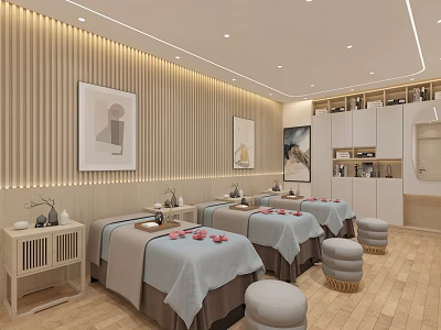 Serene SPA Sauna Interior With Blue Massage Beds Round Stools Wooden Walls And Decorative Paintings 3d model