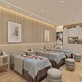 Serene SPA Sauna Interior With Blue Massage Beds Round Stools Wooden Walls And Decorative Paintings
