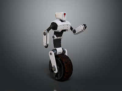 White Black Mechanical Robot Character For Game Movie With Single Wheel Red Light Standing Pose 3d model