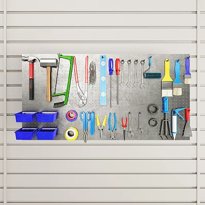 Organized Assorted Hardware Tools With Hammer Wrench Screwdriver Pliers Tape Measure Brush On Wall Rack 3d model
